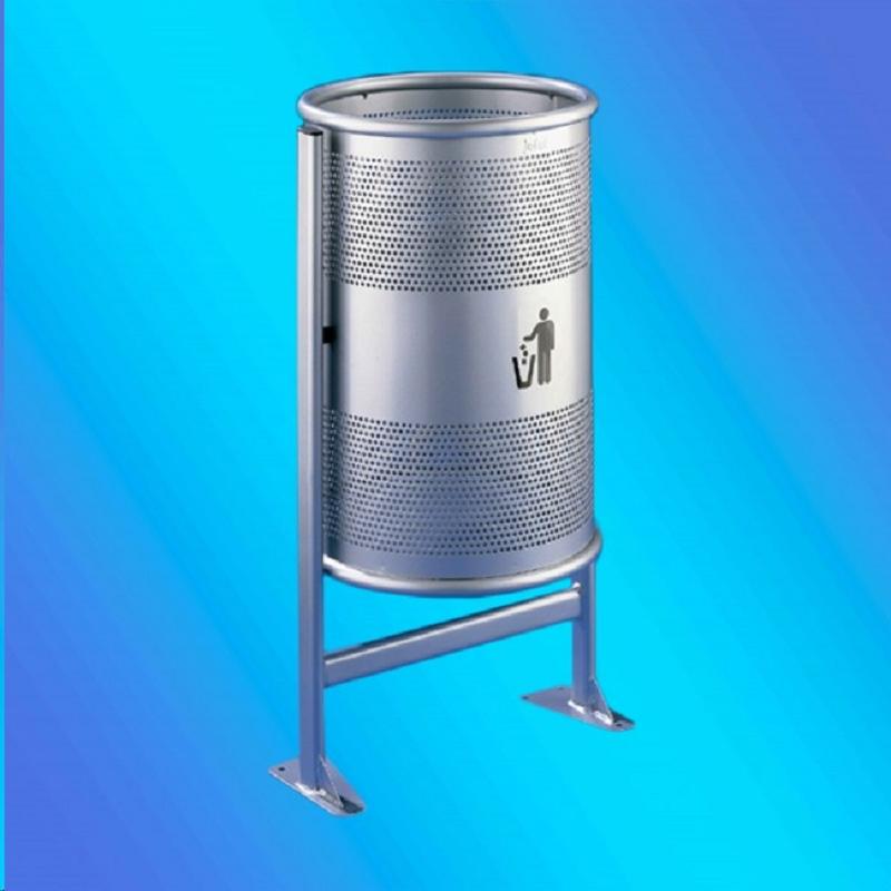 PAPELERA EXTERIOR CIRCULAR PINTADA PERFORADA C/PIE 60L.